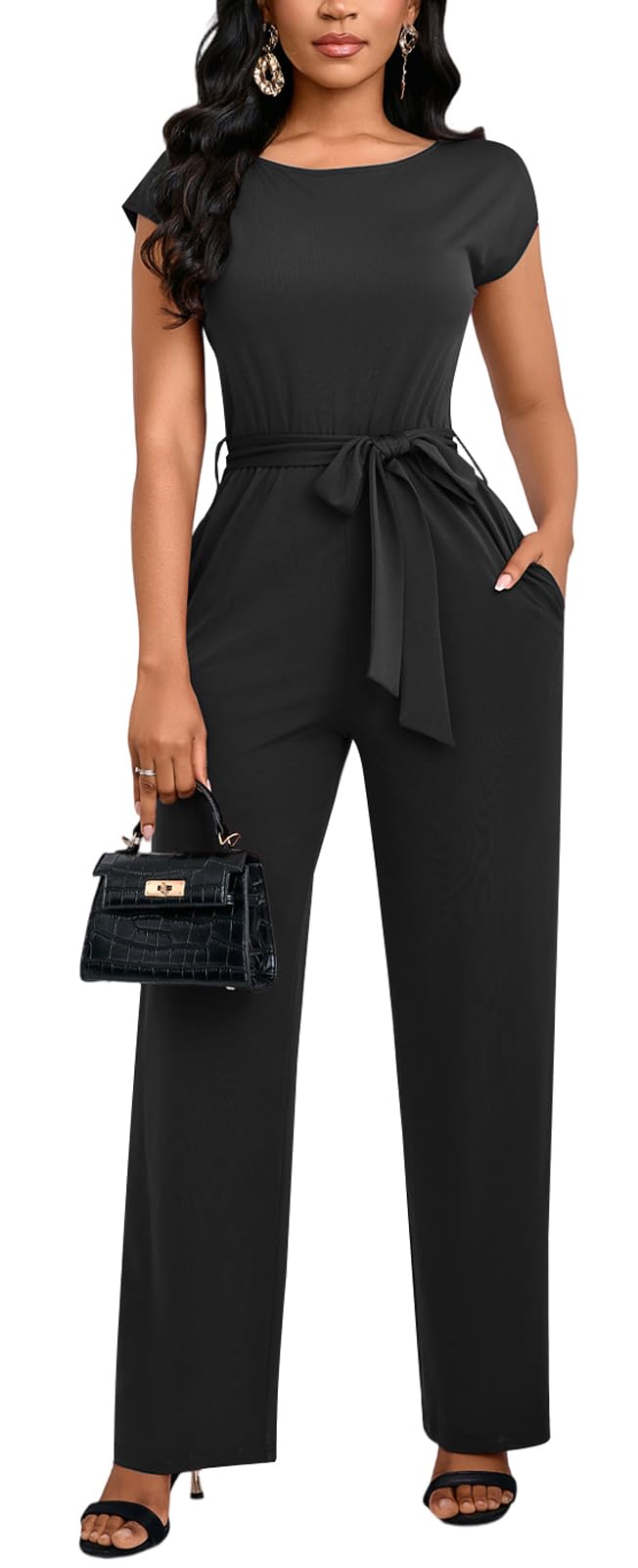 ZonJie Jumpsuits for Women Dressy Ruffle Sleeve Round Neck Backless One Piece Work Party Wide Leg Long Pants