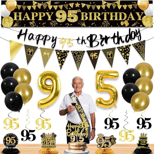 Image of 95th Birthday Decorations for Men, Black Gold 95th Party Decoration Kits | 27pcs Happy 95th Birthday Set: Banner, Honeycomb, Balloons, Gold Number, Candle, Hanging Swirls, Cake Topper, Party Supplies