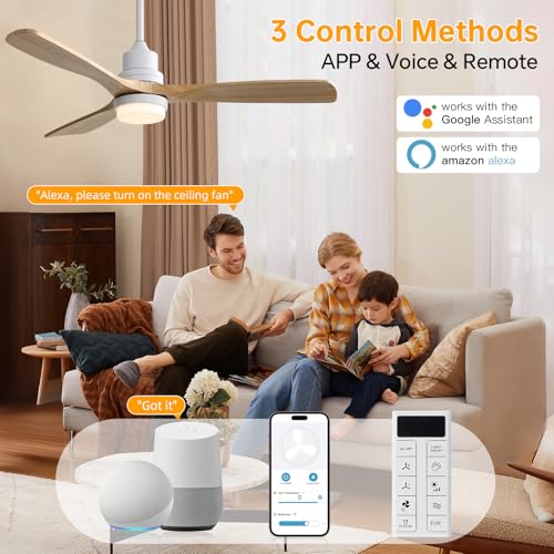 Image of Sofucor Smart Ceiling Fan, 52 inch Low Profile Ceiling Fans with Lights and Remote, Compatible with Alexa /Google /App, 3-Color Light 6-Speed DC Motor Reversible Timer for Bedroom Living Room Patio Outdoor
