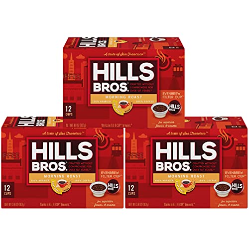 Hills Bros Single Serve Coffee Pods, Morning Roast, Light Roast Coffee, Compatible with Keurig, 12 Count (Pack of 3)