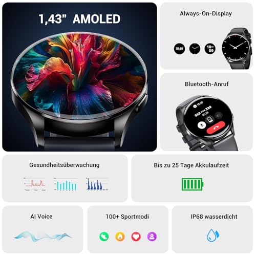 IOWODO Smartwatch Damen Herren 2026 (Rund 1.43" AMOLED) | Bluetooth Anrufe + 380mAh Akku (7 Tage) | 2 Armbänder | IP68 Wasserdicht | 100+ Sportmodi | 24/7 Puls+SpO2+Schlafanalyse | iOS/Android – Bild 3