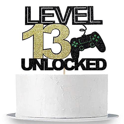 Image of Festiko Level 13 Unlocked Cake Topper Official Teenager 13th Birthday Cake Decoration, Video Game Controller Theme Happy Birthday Party Decoration, Black Gold Glitter Cake Decoration