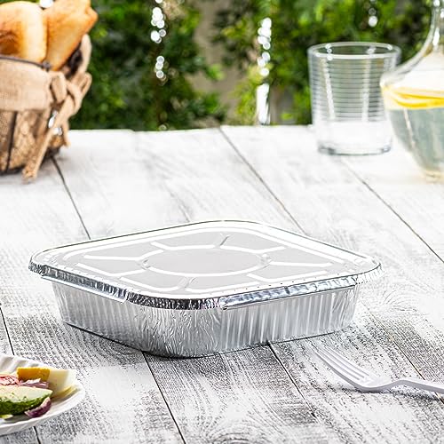 Image of GUSTO 8x8 Square Foil Pans with Lids - [25 Sets] Disposable Food Containers Perfect for Baking, Cooking, Heating, Storing, Broiling, Preparing Food - Formerly Comfy Package