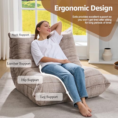 Image of Hobestluk Adults Bean Bag Chair Faux Fur BeanBag Couch for Living Room | Brown Plush,Ergonomic Design,Memory Foam,UltraSoft,Anti-slip Bottom,No Assembly Required,Decorative Style for Living Room
