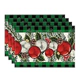 Artoid Mode Green Black Buffalo Plaid Xmas Balls Holly Christmas Placemats for Dining Table, 12 x 18 Inch Seasonal Winter Washable Table Mats Set of 4