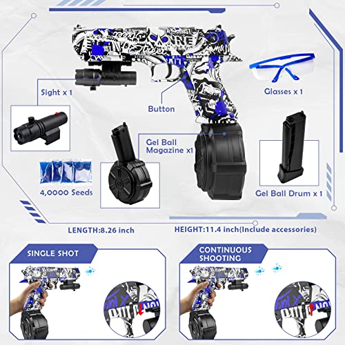 Gel Splatter Cool Ball Blaster Pistol Jm-X2 With Drum And Sight, Manual And Automatic Burst Dual Mode With 40000 Gel Balls And Goggles For Shooting Team Game, Ages 12+, Blue #TOP1