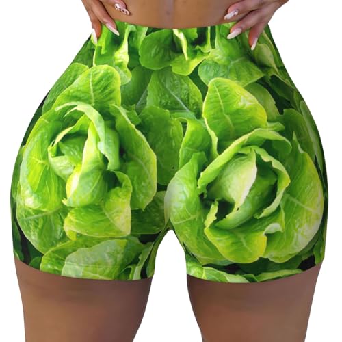 Lechuga Romana Fresca,Pantalones Cortos de Entrenamiento para Mujer, Pantalones Cortos elásticos para Gimnasio,M