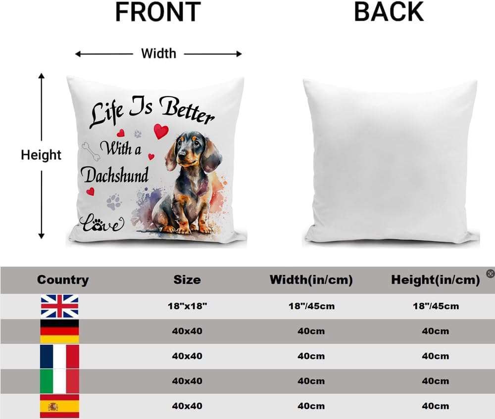 HUASHUZI Cushion Cover Dachshund Gifts for Women Sausage Dog Ornament Decorations Throw Pillow Case Decor Home for Livingroom Couch Sofa 18"x18"(45x45cm) - Image 2