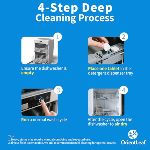 Image of ORIENTLEAF Dishwasher Cleaning Tablets, Lemon Scent 9 Month Supply, Dishwasher Cleaner and Deodorizer, Dish washer Descaler