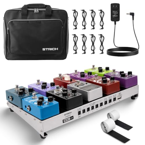 Image of STRICH Guitar Pedal Board with Built-in Power Supply, 15 x 7.8 inch Silver-White Lightweight Aluminum Alloy, PedalBoard with Pedal Cables, Bag, Hook Loop Strips PB-MP15