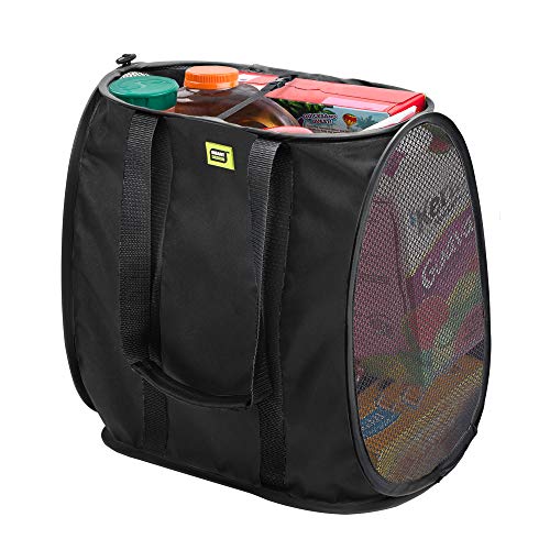 Smart Design Pop Up Shopping Bag - Reusable - Large - Heavy Duty Polyester - Folds Flat - Supermarket, Trunk Storage - Home Organization - 15 X 10 Inch - Black With Black Trim #TOP24