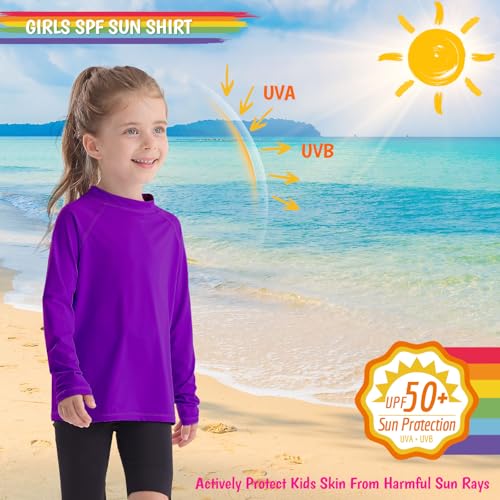 Girls UPF 50+ Long Sleeve Swim Shirt Size 6 | Rash Guard for Surfing, Snorkeling & Beach Sports Purple2