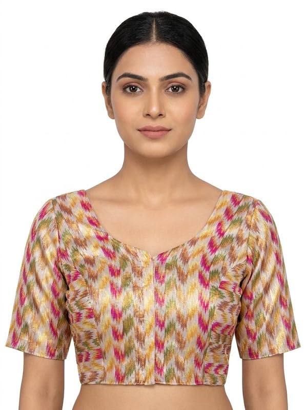 Women’s Multicolor Ikkat Cotton Blouse | Round Neck | 3/4th Sleeves | Traditional Geometric Pattern | Non-Padded | Front Hook Closure | Soft & Breathable Fabric-image-48