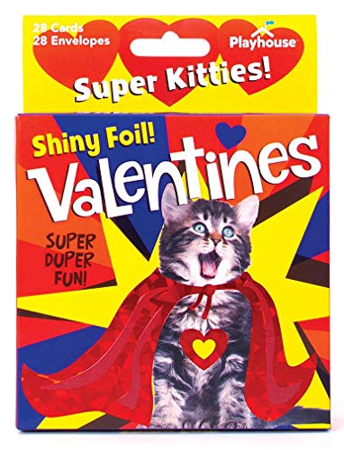 Playhouse Super Hero Kitty Shiny Foil 28 Card Valentine Exchange Box with Envelopes for Kids