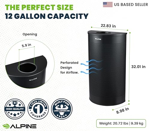 Image of Alpine Half Round Trash Can Open Top - Modern Black Metal 12 Gallon Half Moon, Space Saving Indoor Commercial Trash Cans with Lid, Narrow Garbage Can for Bathroom, Office, Lobby and Business.