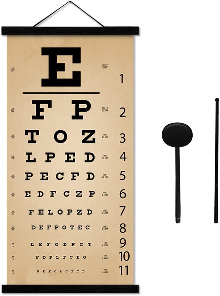 Nustila Eye Charts for Eye Exams 20 Feet, Eye Chart with Wooden Frame for Ophthalmology Office Vintage Wall Decor, Low Vision Canvas Eye Chart with Eye Occluder and Hand Pointer for Kids Gifts