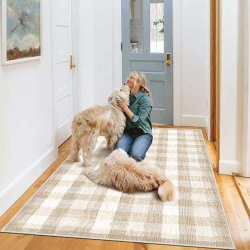 Image of Checkered Area Rug, 3x5, Beige | Washable, Non Slip, Modern Neutral, For Living Room Bedroom Office Patio Dining Room