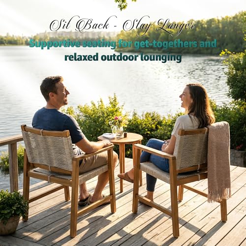 Image of Heritage Woven Rope Eucalyptus Wood Armchair, Set of 2 Oversized Wide Backrest for Enhanced Comfort - Handcrafted Outdoor Patio Dining Chairs, Solid Eucalyptus Boho Seating for Deck, Porch & Backyard