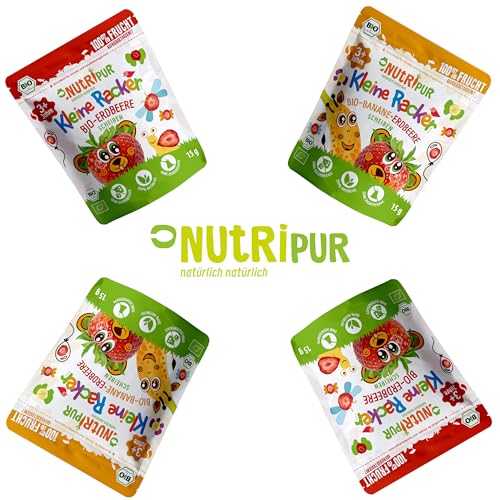 BIO Frucht Snack für Kinder: 6x15g Erdbeeren Gefriergetrocknet BIO – Gefriergetrocknete Früchte – Getrocknete Früchte – Kleine Racker von NutriPur