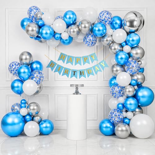 Image of Happy Birthday Decoration Kit for Kids Men Women Tweens Home Terrace Table Year With 30 Pcs Dark Blue White Silver Balloons 1 Pcs Sky Blue Happy Birthday Paper Banner Items Set Combo