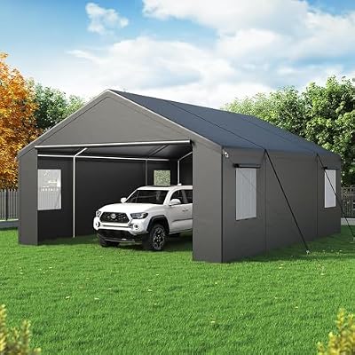 Polar Aurora 20x20 FT Heavy Duty Carport with All-Season Tarp, Portable Car Tent Garage with Roll-Up Windows & Side-Opening Door, Enclosed Car Port Canopy Tent with Galvanized Frame for Car, SUV, Boat