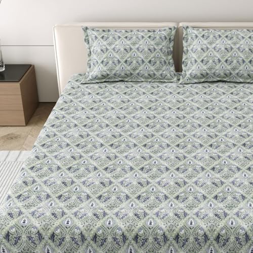 Image of Mafatlal 186 Tc Corsica Pure Cotton Bedsheet King Size | 274 X 274 Cm | Aesthetic Summer Bedding Fabric for Comfortable Sleep | Includes 2 Pillow Covers | Neptube Green