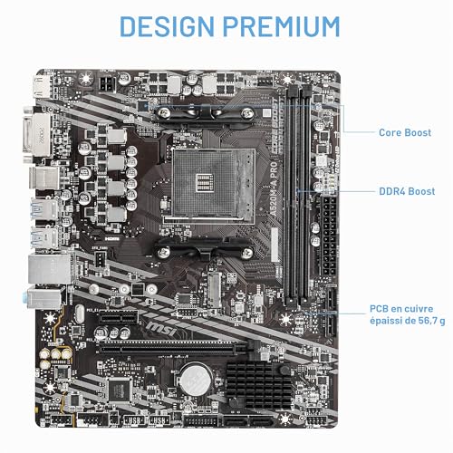 MSI A520M-A Pro Carte-mère Micro-ATX - pour processeurs AMD Ryzen 3è gén, AM4, DDR4 Boost (4600MHz/OC), 1 x PCIe 3.0 x1, 1 x M.2 Gen3 x4, Gigabit LAN