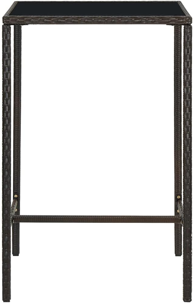 vidaXL Poly Rattan and Glass Patio Bar Table - Brown Outdoor Counter Table, Weather, Tempered Glass Top, Easy to Clean, Assembly Required, 27.6"x27.6"x43.3"