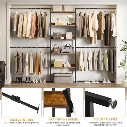 DWVO Closet Organizer System for Bedroom, Adjustable Heavy Duty Garment Rack Walk In Closet System, 4 Expandable Hanger Rods 5-Tier Wood Closet Storage Shelves with Backplane, Fits 6-9 ft Space, Black