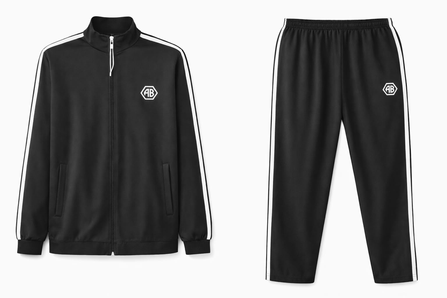 Men's Tracksuit Set, Black with White Stripes, WARM NET, Full Zip Jacket and Pants, Athletic Sportswear, AB Logo-image-24