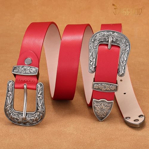 Image of JASGOOD Double Buckle Western Belts for Woman Cowgirl Country Belt Vintage Black Leather Belt for Jeans Pants Dresses