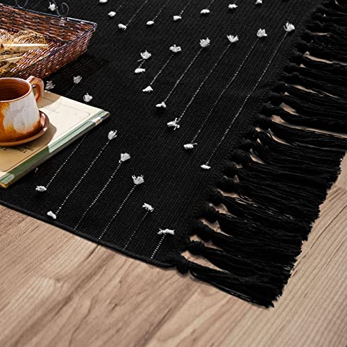 Mitovilla Boho Kitchen Rug 2'X3', Black White Small Bathroom Rug With Tassel, Farmhouse Geometric Bath Mat, Bohemian Runner Rug For Bedroom, Washable Cotton Woven Hallway Laundry Entryway Throw Rug #TOP5