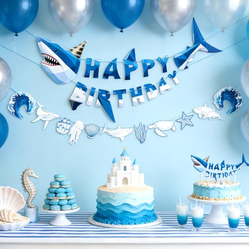 Image of SUNBEAUTY Shark Birthday Party Decorations Shark Happy Birthday Banner Ocean Theme Hanging Shark Garland Under The Sea Pre-strung Shark Birthday Banner for Boys Baby Shower Beach Summer Pool Party（Blue）