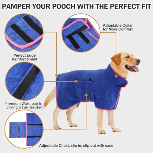 HezzLuv Bademantel für Hunde, Hundebademantel aus Mikrofaser für mittlere und große Hunde, super saugfähiger Haustier Trockenmantel, ganzjahres schnell trocknendes Handtuch (Blau,L)
