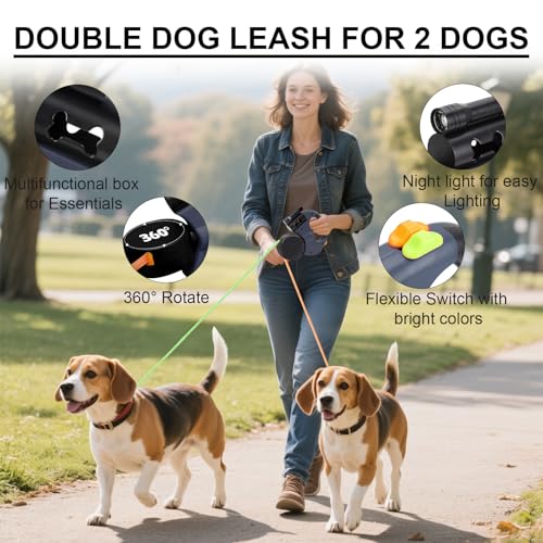 3m Rollleine für 2 Hunde, Doppelleine Hundeleine mit LED-Licht, 360° Drehbar, Reflektierendes Nylon, Verstellbar, für Kleine & Große Hunde, Blau