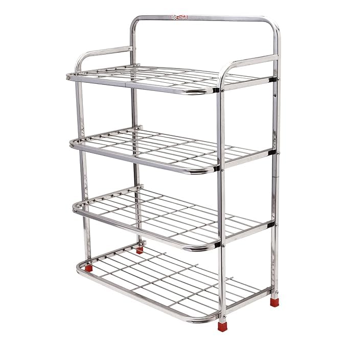 BARTANOOR Stainless Steel 4-Layer Shoe Rack, Chrome Finish, 50x25x68 cm, Organiser Stand 4