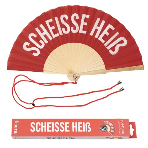 FISURA â Origineller Handfächer mit der Botschaft Sch*isse Heiß. Moderner und witziger Holzfächer. Rot-weißer Fächer. Fächer mit Fächerhalter. Maße: 42 5 x 23 cm.