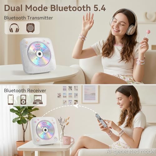 Image of CD Player Portable Bluetooth Rechargeable: CD Players for Home with 1800mAh Kegaudio Desktop Wall CD Player with Speakers Music Player CD Boombox FM Radio USB Remote Control