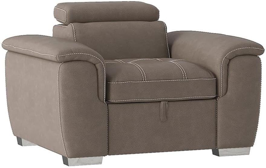 BOWERY HILL Microfiber Accent Chair, Taupe Upholstery, 45 x 39 x 32 in, Pull-Out Ottoman, Adjustable Headrest, Under-Seat Storage, Solid Wood Frame, Faux Wood Feet, Living Room Seating and Relaxation