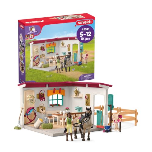 Schleich Horse Club | Sattelkammer 42591 | ab 5 Jahre | 85 Teile | Spielset inkl. Pferdefigur, beweglicher Mädchenfigur, Paddock und viel Pferde Zubehör | tolles Geschenk für Kinder