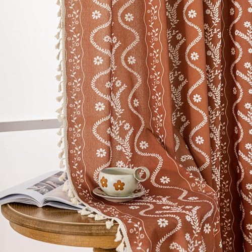 Image of Burnt Orange Curtains 96 Inch 2 Panels, Vintage Bohemian Pattern Floral Drapes Ceiling to Floor Length Hippie Window Panel Autumn Curtains for Living Room