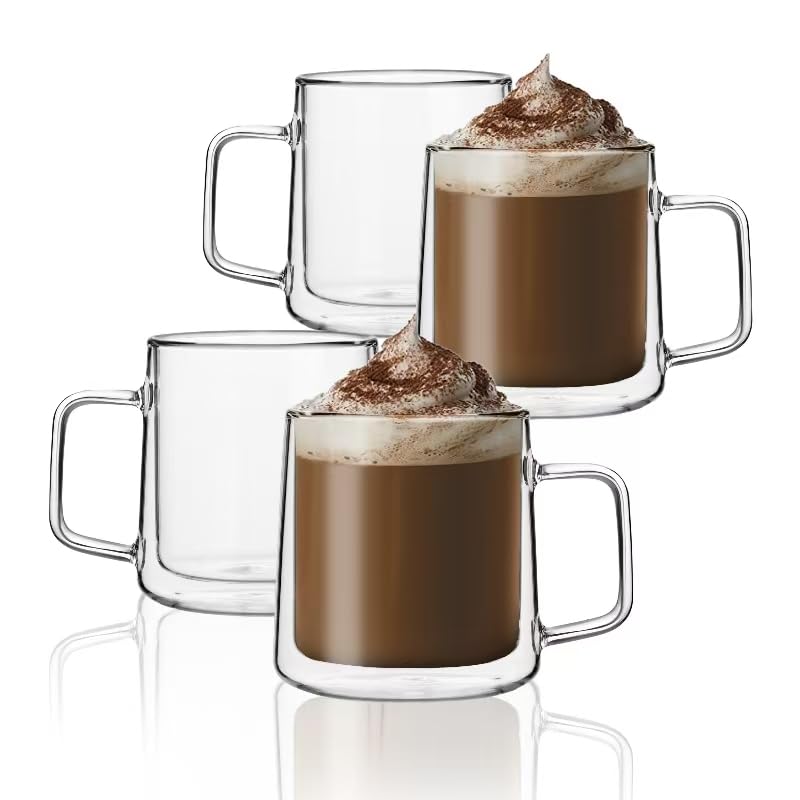 CNGLASS Doppelwandige Latte Macchiato Gläser (Set 4x450ml), Kaffeegläser mit Griff,Klare Isolierte Kaffeetassen Glas für Latte, Cappuccino, Teebeutel