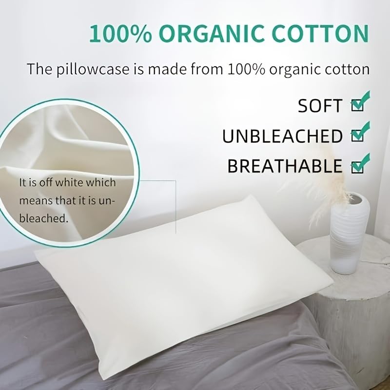 Image of Organic Cotton Pillow Case - One Pack 11 inchx 16 inch Kids Pillow Pillowcase with No Zipper - 300 TC Thread Count - Soft, Safe and Hypoallergenic - Off White