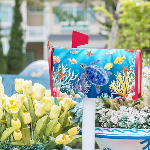 Image of Sea Turtle Mailbox Cover Magnetic 25.5x21 Inch- Summer Ocean Blue Tortoise Starfish Coral Mailbox Wrap Post Cover Large Size for Garden Yard Outdoor Outside Seasonal Decor