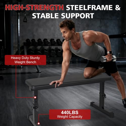 Banco de pesas plano – Banco de entrenamiento de altura ajustable para el hogar, compacto y estable, banco de fitness para entrenamiento de pesas cortas, entrenamiento de fuerza de cuerpo completo