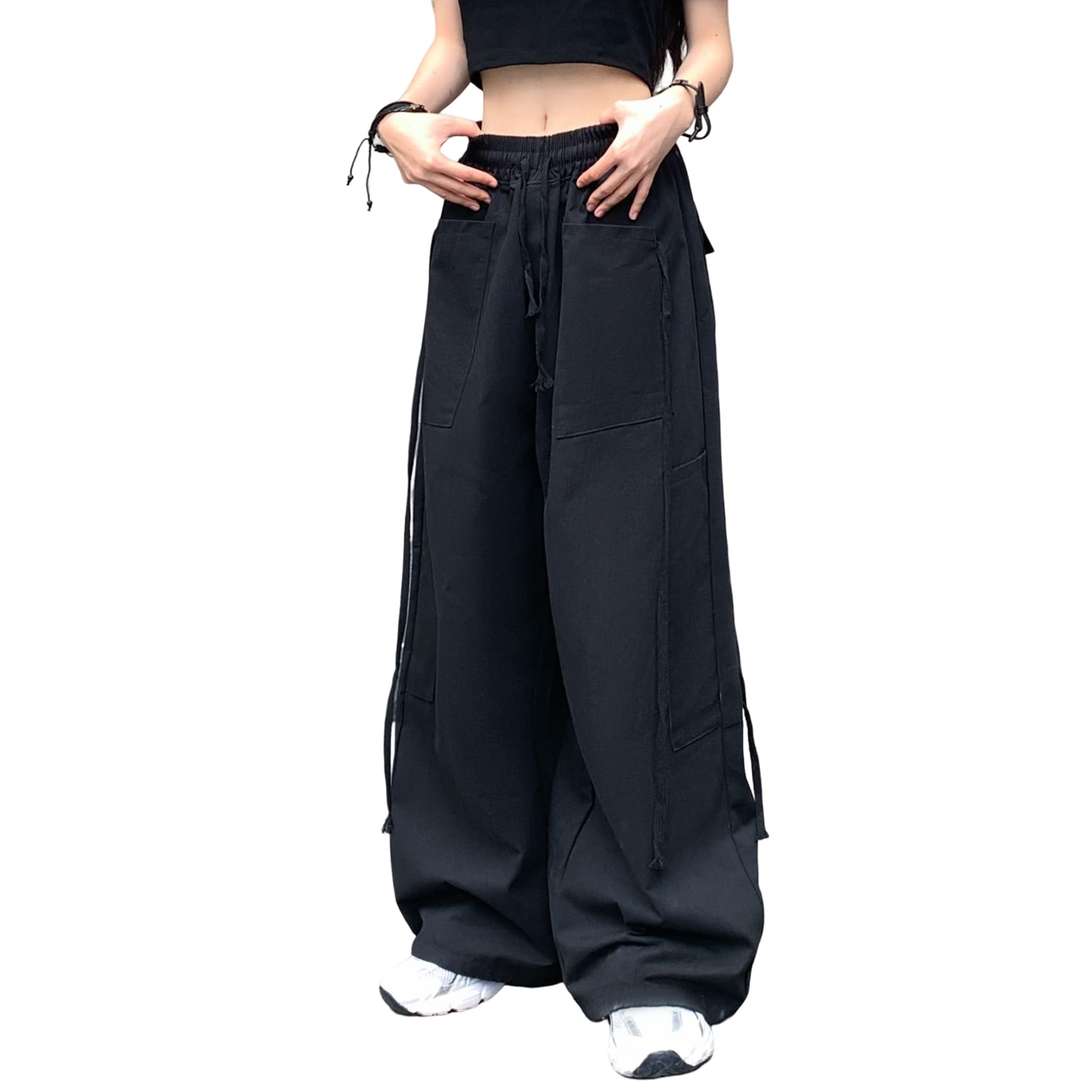 Hewlshawn Pantaloni Cargo Donna Allentato Elastico Vita Tempo Libero Paracadute Pantaloni Y2k Gotico Dritto Gamba Larga Pantaloni con Coulisse Streetwear