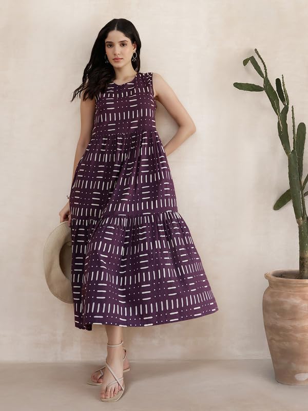 Image of Pink Fort Women Casual Dress | Cotton Fit & Flare Sleeveless Round Neck Midi | Breathable Fabric with Pockets for Summer