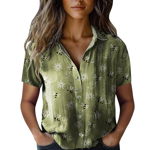 Women Floral Button Down Shirts Women Cotton Shirt Printed V Neck Button Down Casual Tops Short Sleeve Blouse 2