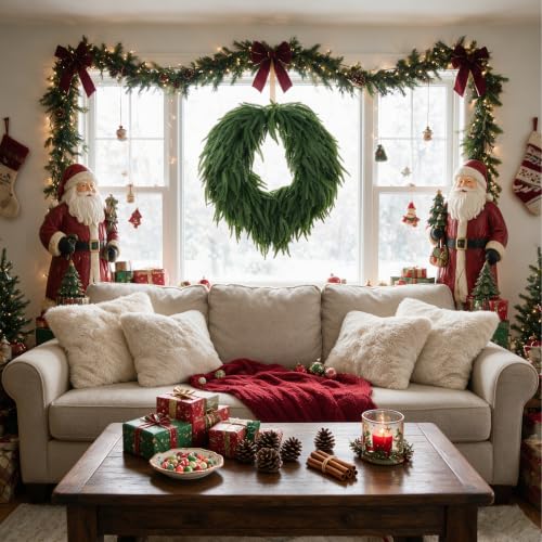 Image of 28 inch Norfolk Pine Christmas Wreath for Front Door - Large Artificial Greenery Wreath for Wall, Porch, or Indoor Outdoor Holiday Decor - Real Touch Pine Foliage (1, 28 inch)