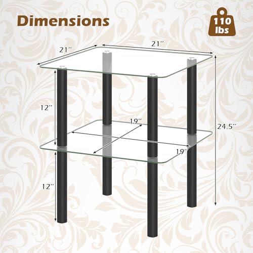 Image of GIANTEX Square End Table, 2-Tier Sofa Side Table with Clear Tempered Glass Top & Shelf, Small Accent Table with Solid Rubber Wood Legs for Living Room Bedroom Home Office (Black & Clear)